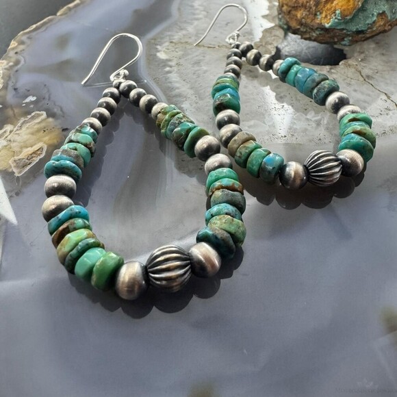 Sterling 4-6mm Navajo Pearl Southwester Style& 6mm Turquoise Bead Hoop Earrings - Picture 3 of 10